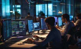 A scene showcasing a team of software developers coding, collabo
